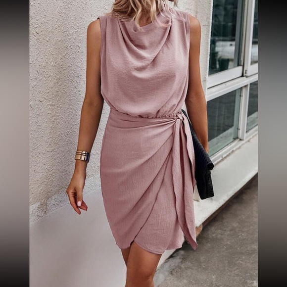 Luxe black draped neck knot side sleeveless mini dress - Picture 13 of 15